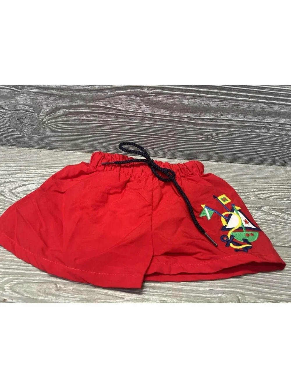 Vintage Baby Boys Drawstring Nylon Swimsuit Size 6M Red Sailboat Nautical